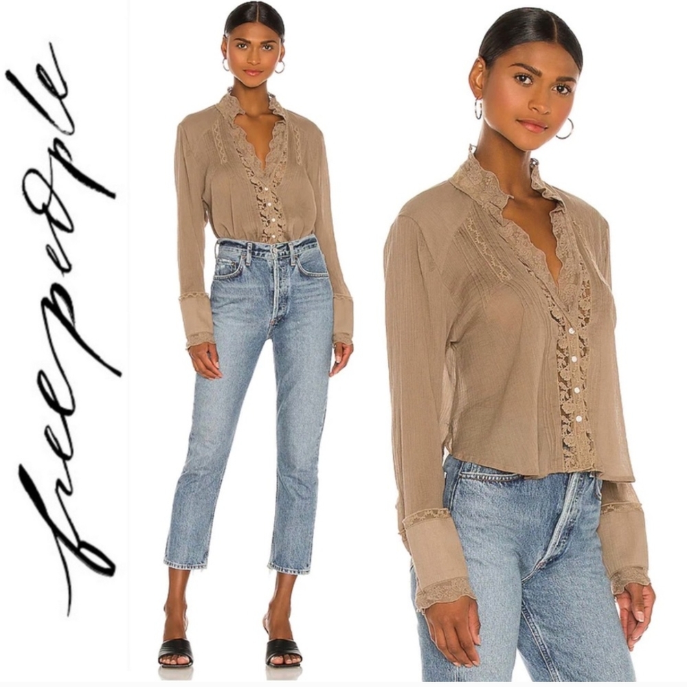 Free People Clemence Button Down High Low Blouse Shirt Top Lace Trim in Taupe S